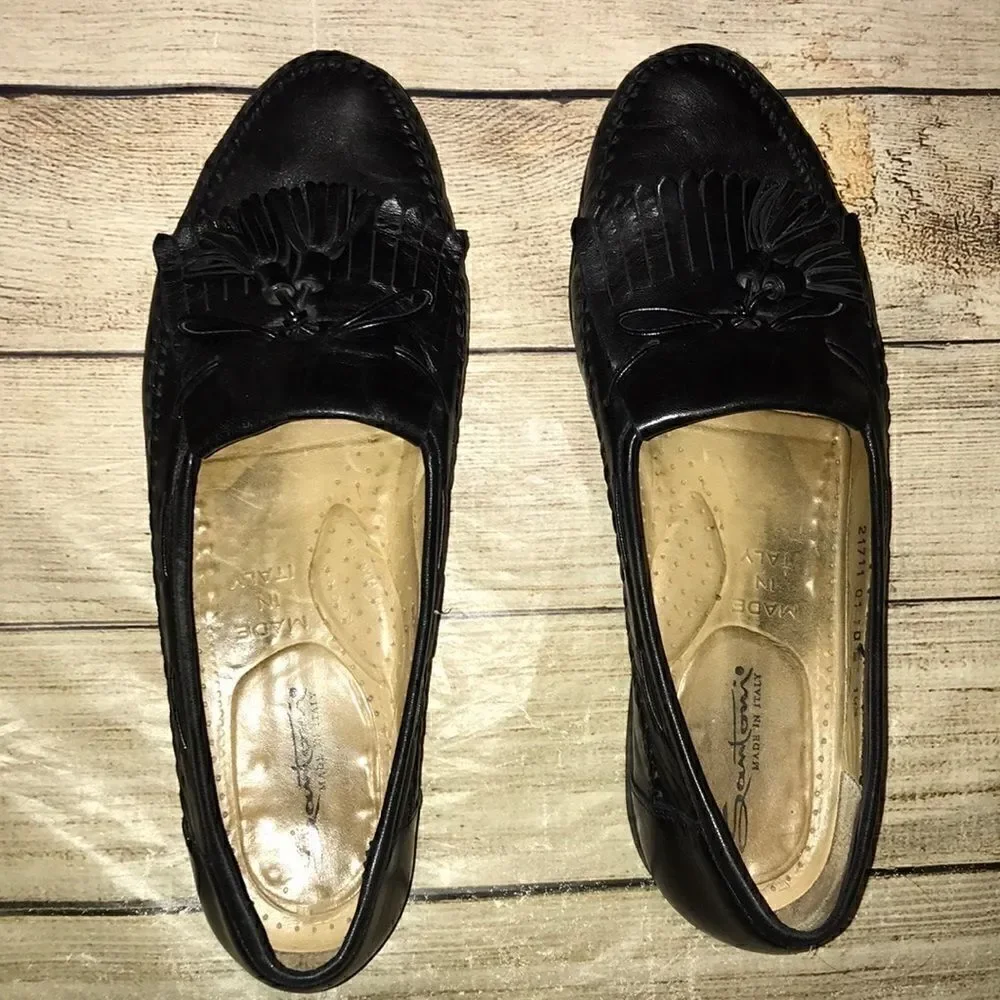 Santoni Black Leather Loafers Tassel Detail
